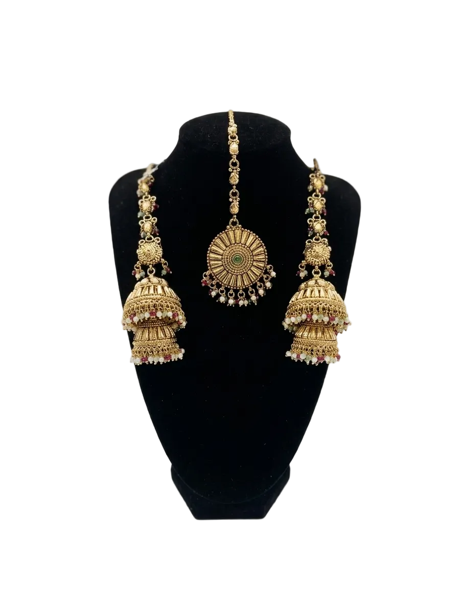 Antique Gold Matte Tone Jhumki Tikka Set