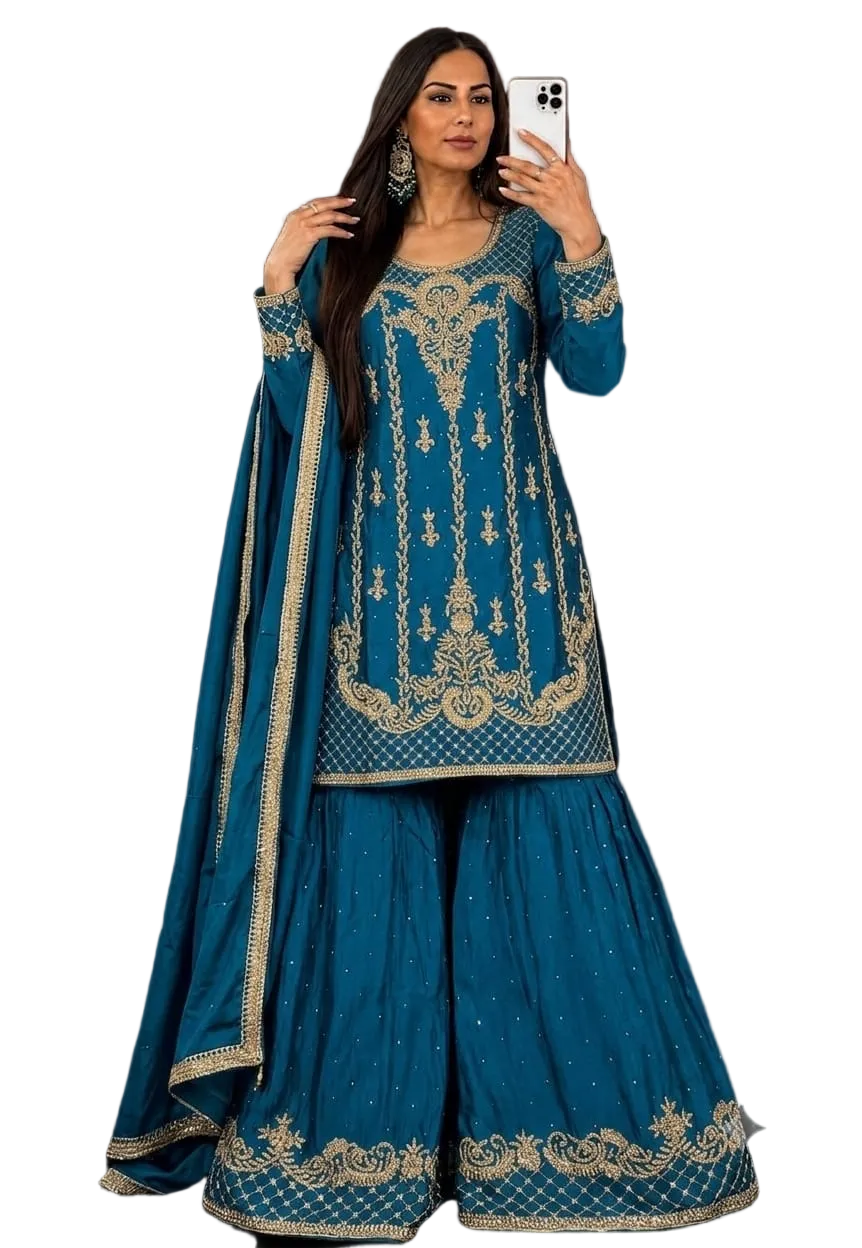 Teal Blue Sharara In Silk