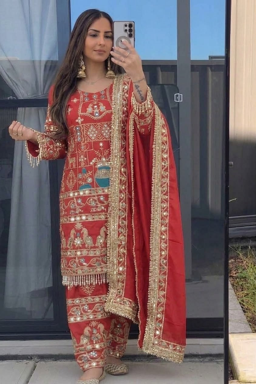 Red Peacock Embroidery Suit