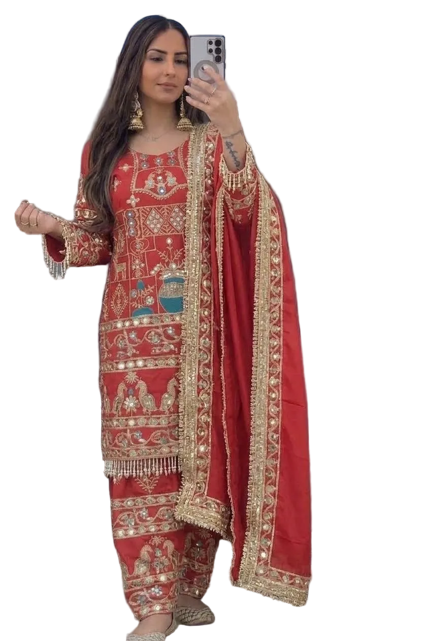Red Peacock Embroidery Suit