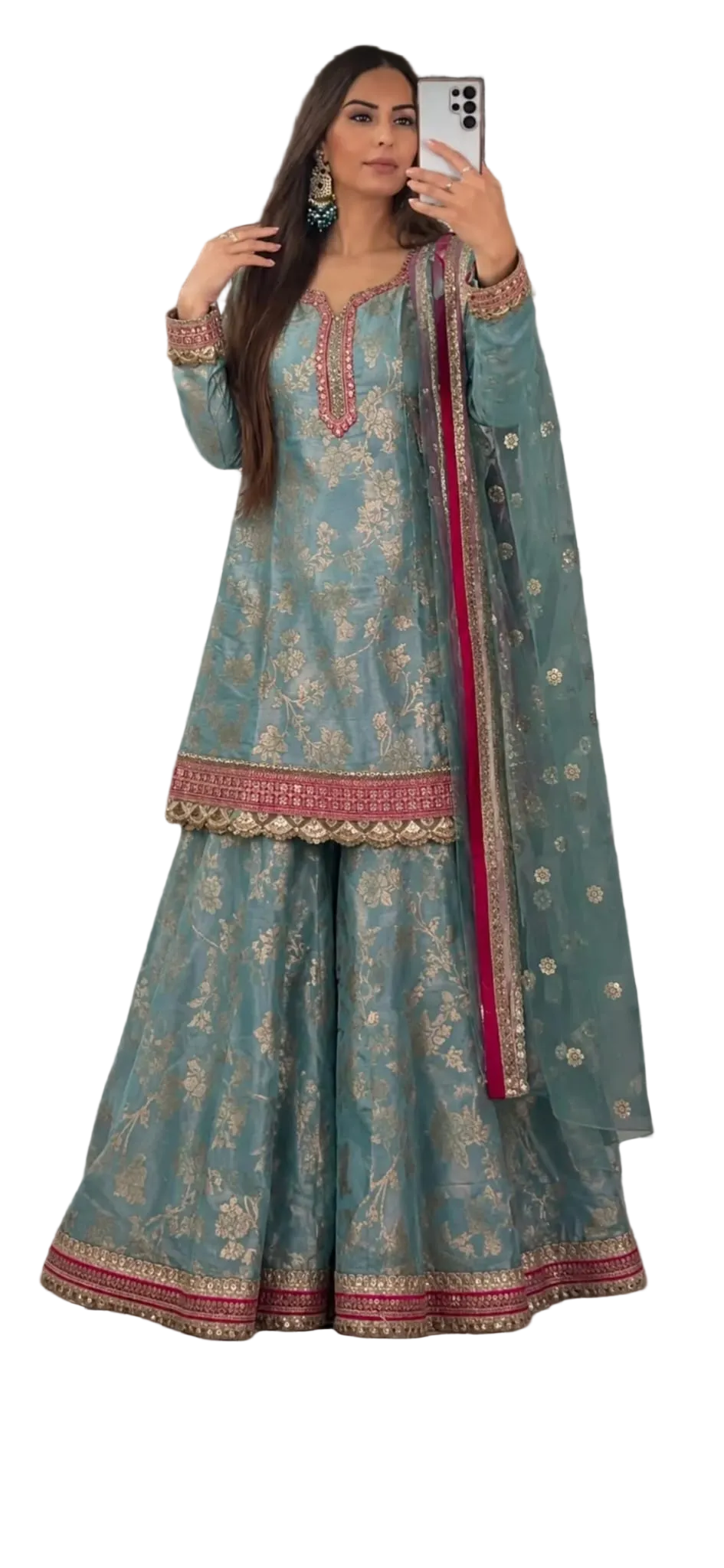 Teal With Pink Bordered Sharara