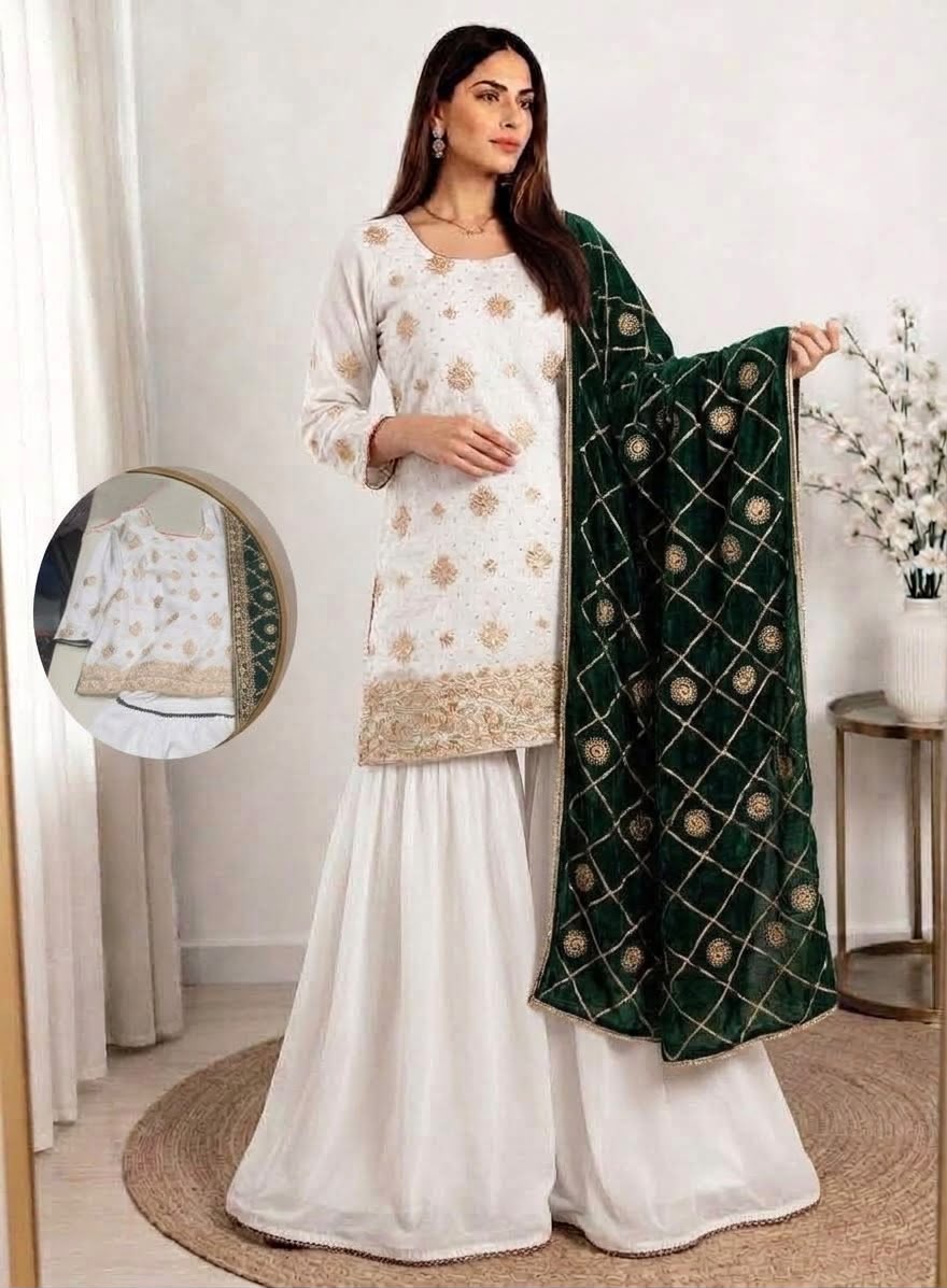 Elegant White And Emerald Sharara