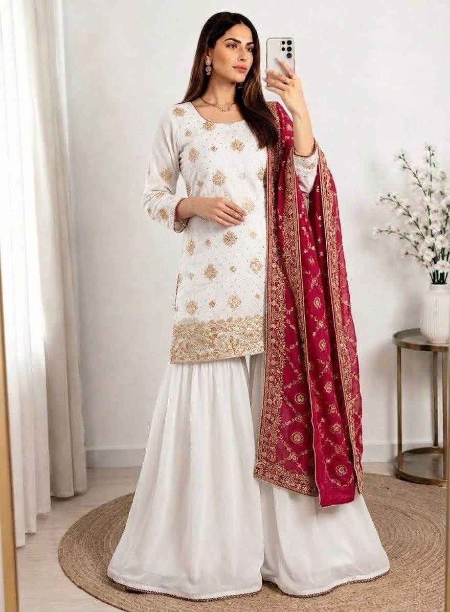 Royal White And Maroon Sharara