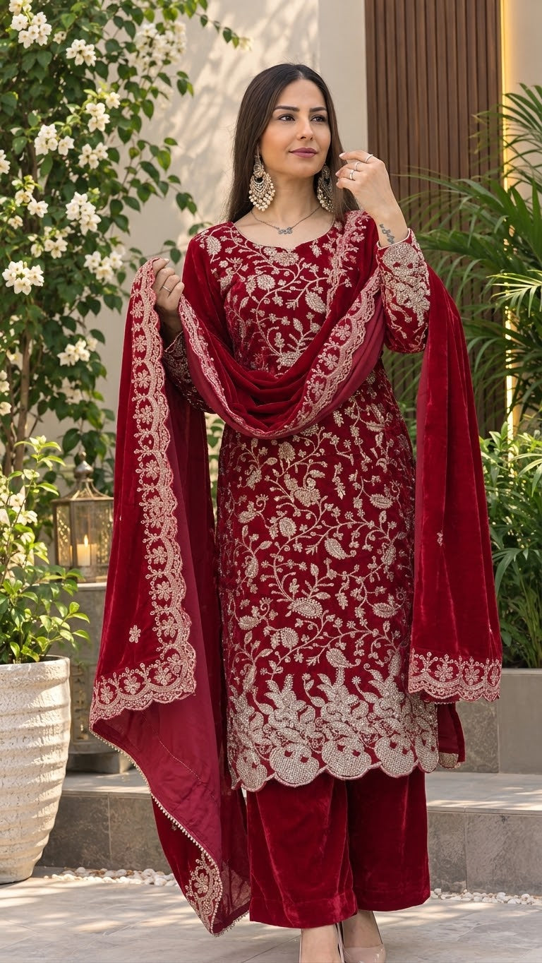 Royal Red Velvet Embroidered Suit