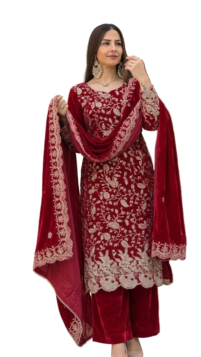 Royal Red Velvet Embroidered Suit