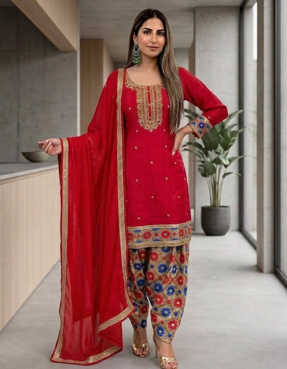 Red And Blue Simple Floral Salwar Suit