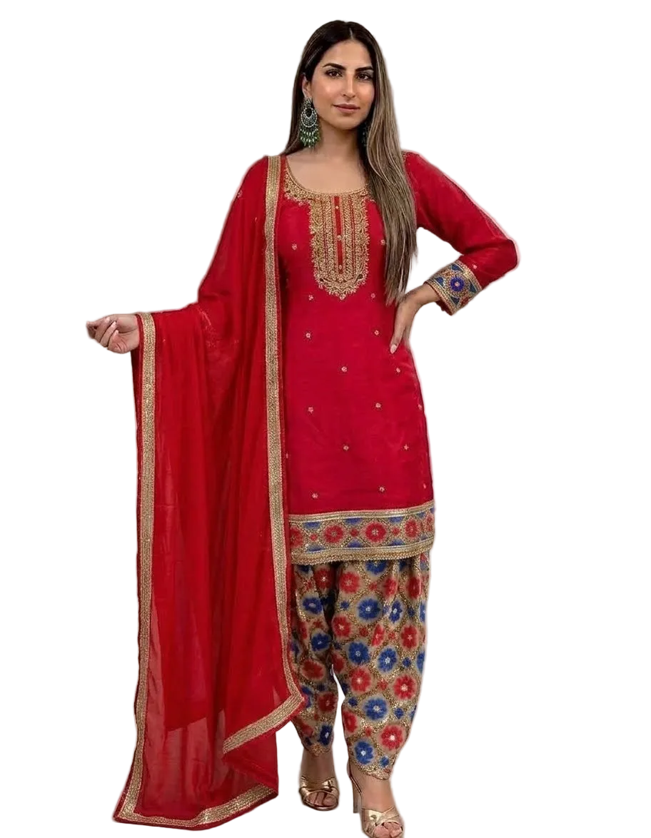 Red And Blue Simple Floral Salwar Suit