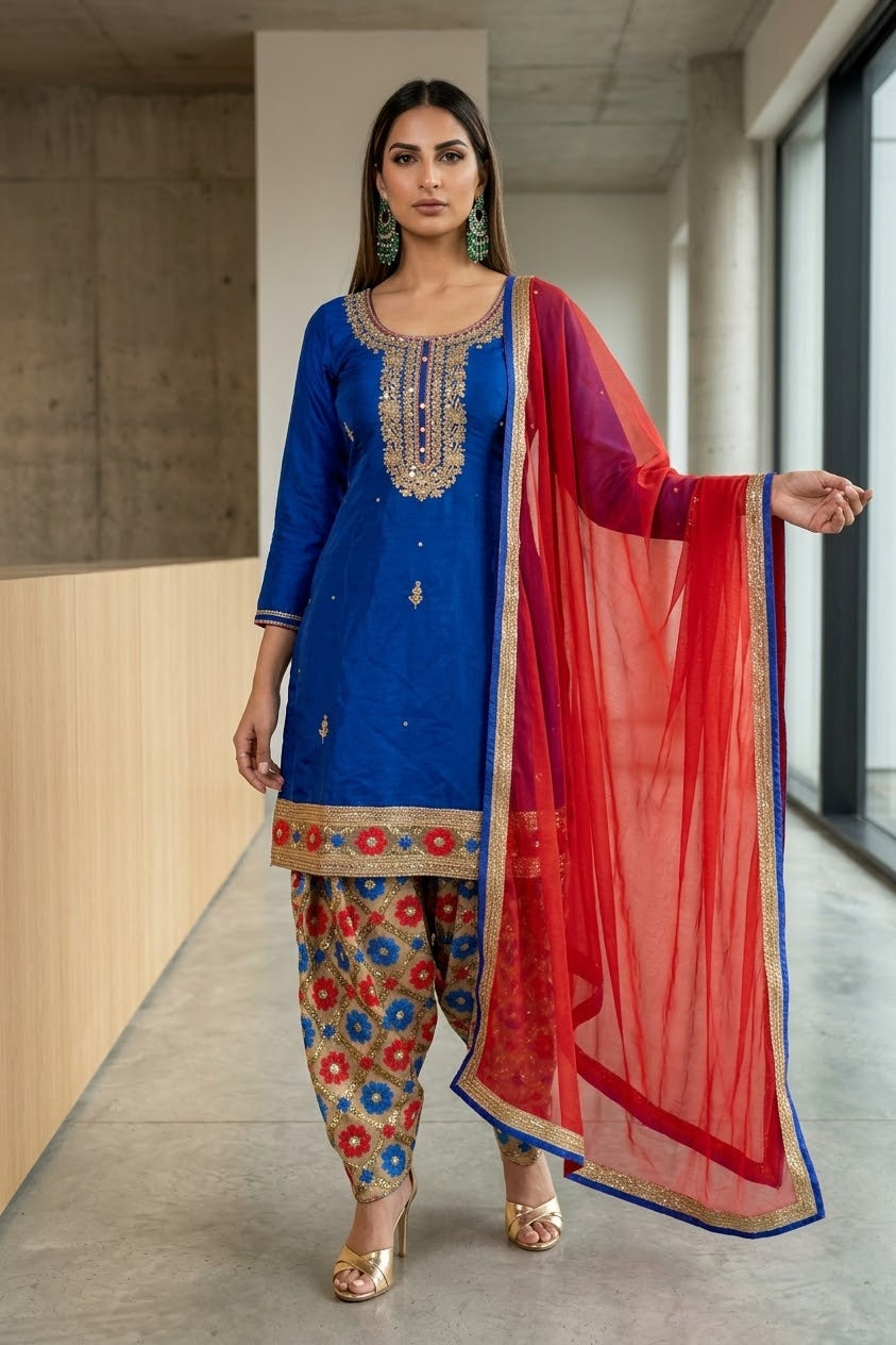 Red And Blue Simple Floral Salwar Suit