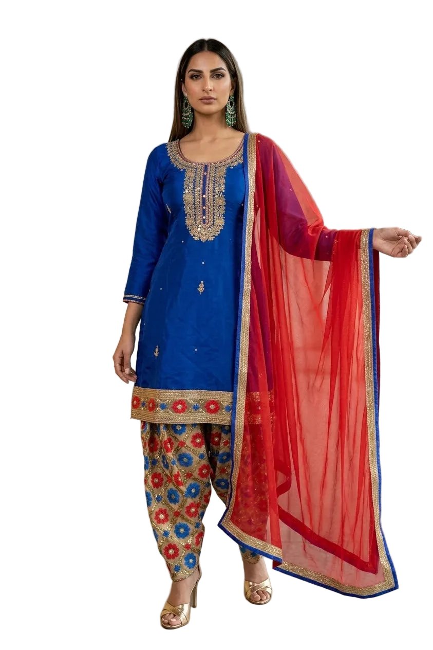 Red And Blue Simple Floral Salwar Suit