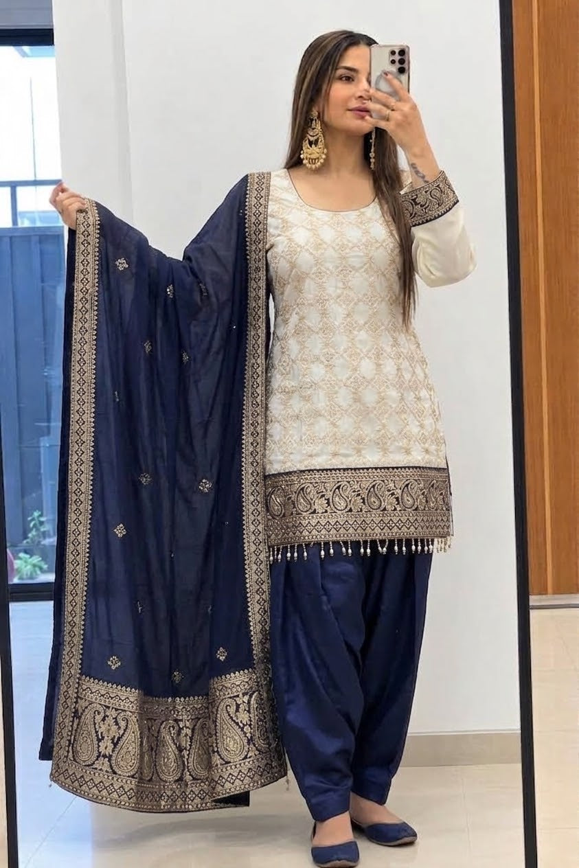 Cream Maroon & Blue Farshi