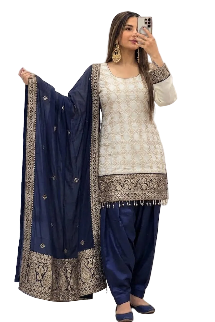 Cream Maroon & Blue Farshi