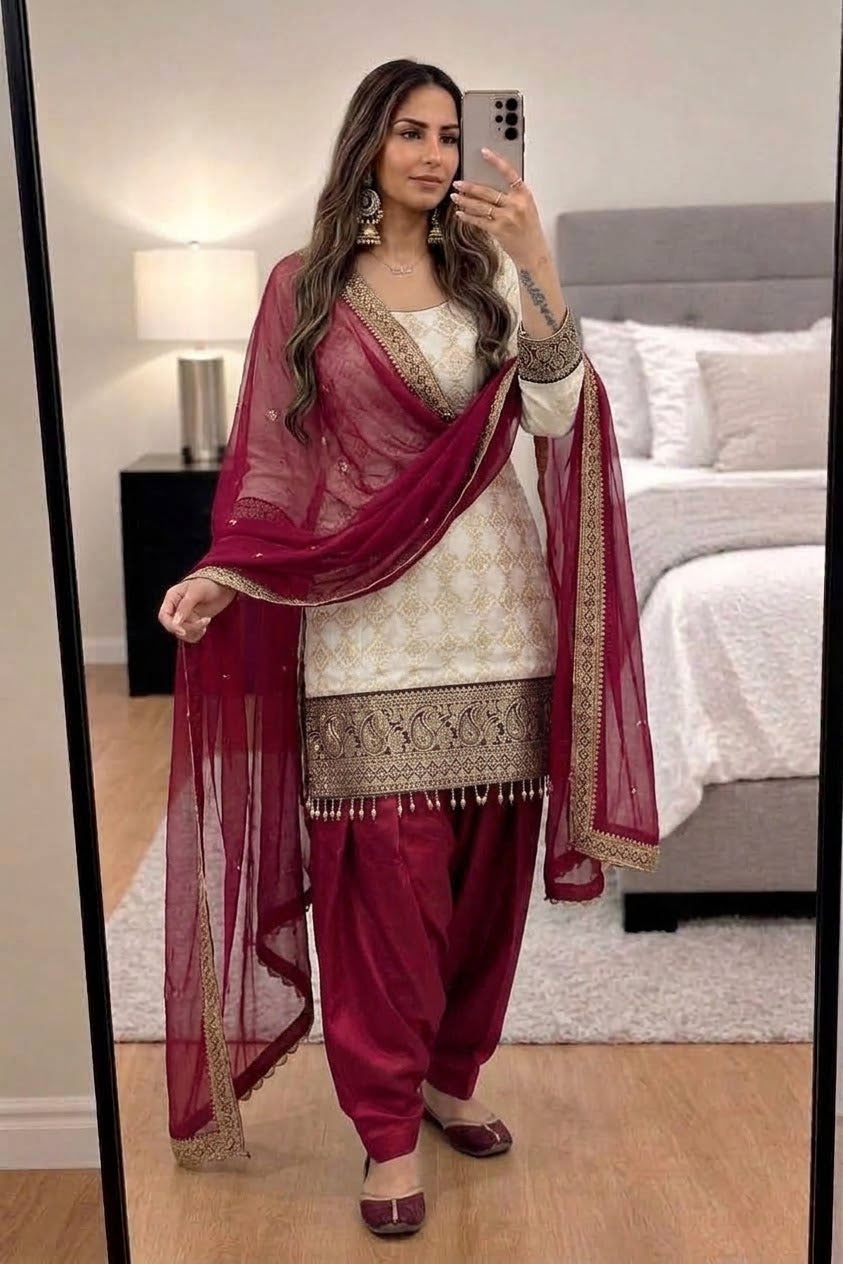 Cream Maroon & Blue Farshi