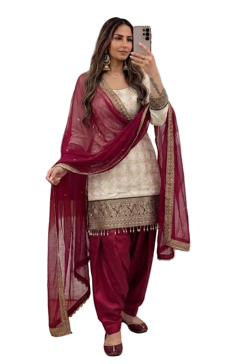Cream Maroon & Blue Farshi