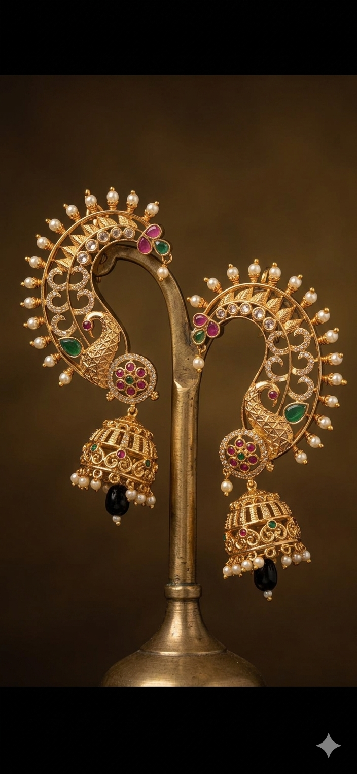Antique gold-plated peacock Mattal / Kanchain (ear-chain) Jhumka earrings